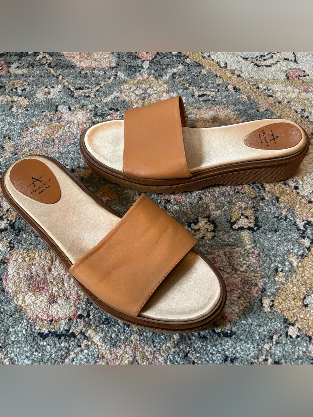Aquatalia Willah Tan Leather Platform Slide Sandals Sz 10.5
